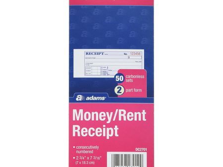 ADAMS - 2-Part Carbonless Money and Rent Receipt Book 2-3 4  x 7-3 16  - 50 Sets Book For Sale