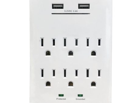 6 Outlet Power Tap - 1200J Surge protection, 2 Fast Charge USB Port - White Online