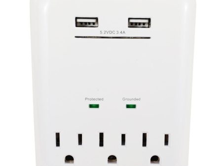 3 Outlet Power Tap - 950J Surge protection, 2 Fast Charge USB Port - White Online Sale