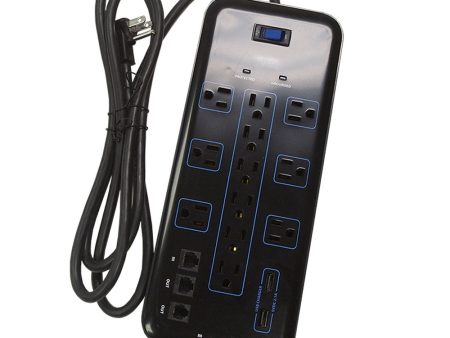 12 Outlet Surge Protector - 4200J, 6ft cord, Down Angle Plug, 2 USB Charging Ports, CATV Phone DSL Protection - Black For Sale