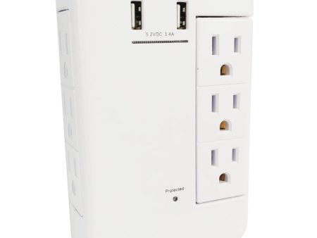 6 Outlet Swivel Power Tap - 1200J Surge Protection, 2 Fast Charge USB Ports - White For Discount